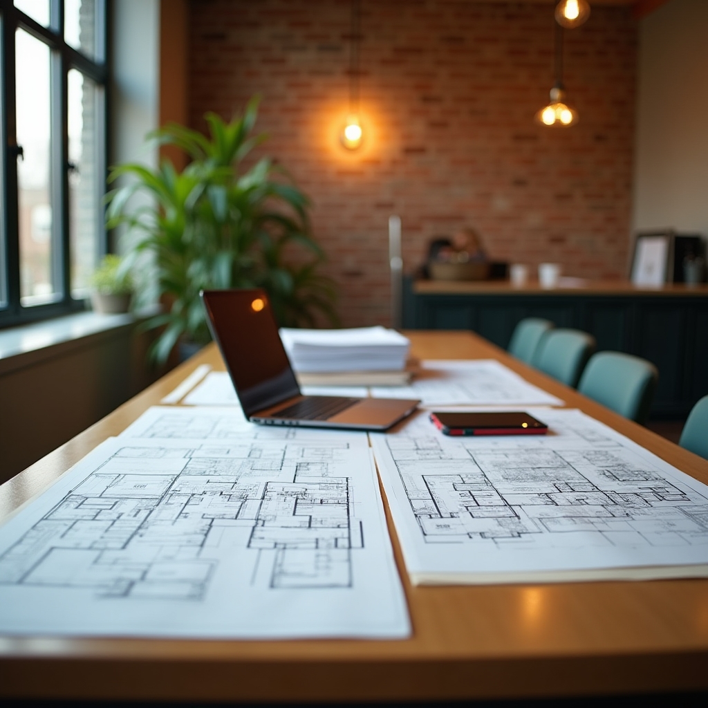 Small consultancy office workspace with a shared table and printed warehouse floor plans