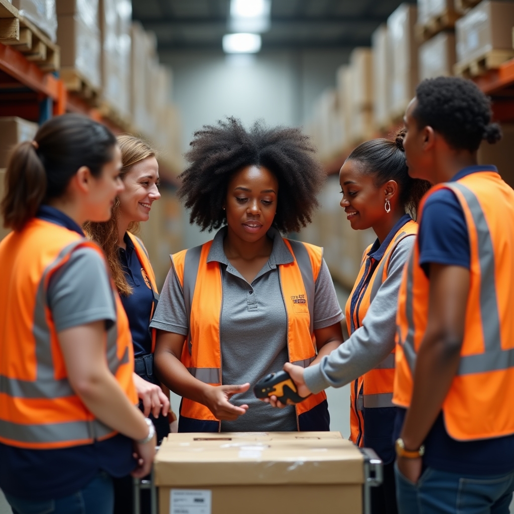 Warehouse staff practicing barcode scanning during a training session