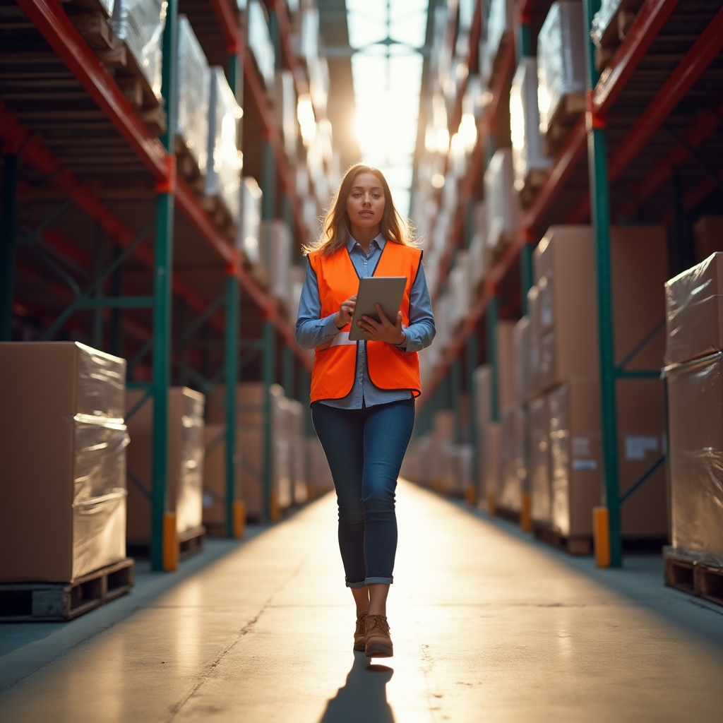 Warehouse worker walking through a storage aisle during a workflow observation